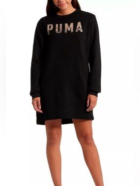 Mint PUMA Sweatshirt Dress Black Pullover Long Sleeve Pockets Athleisure Gold